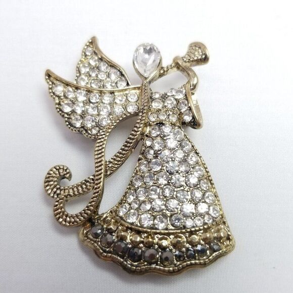 Vintage Monet Trumpeting Angel Rhinestone Encrusted Holiday Guardian Brooch - Picture 7 of 7